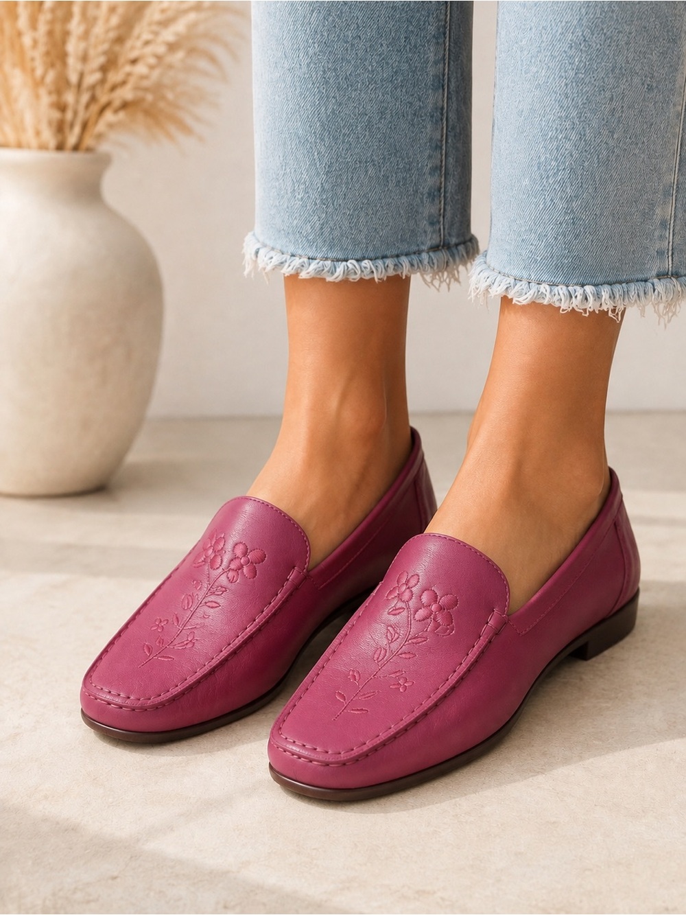 Oh Deer! Embossed Floral Loafers in Magenta